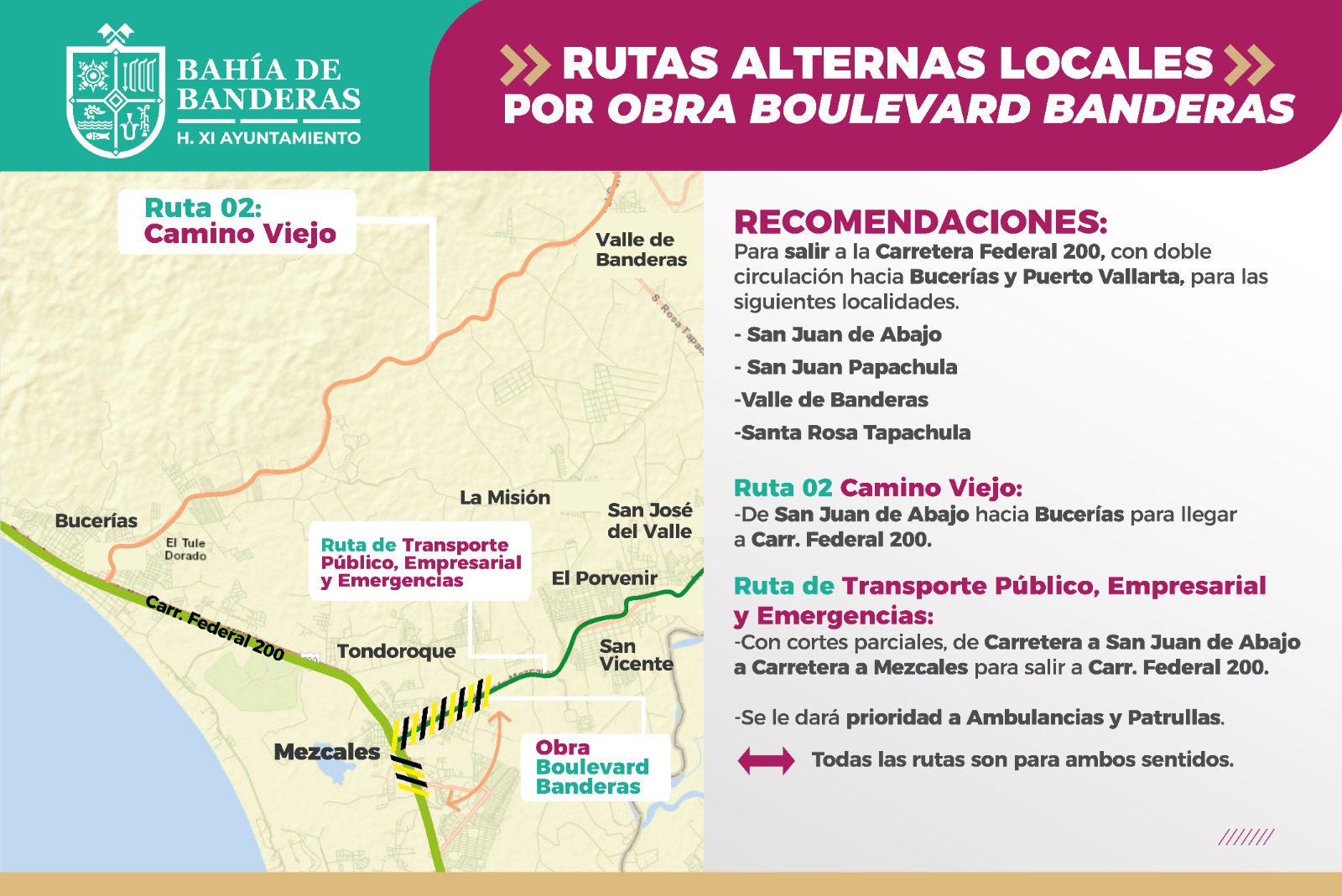 Estas son las cuatro rutas alternas ante los cortes viales por las obras del Boulevard Banderas en Mezcales