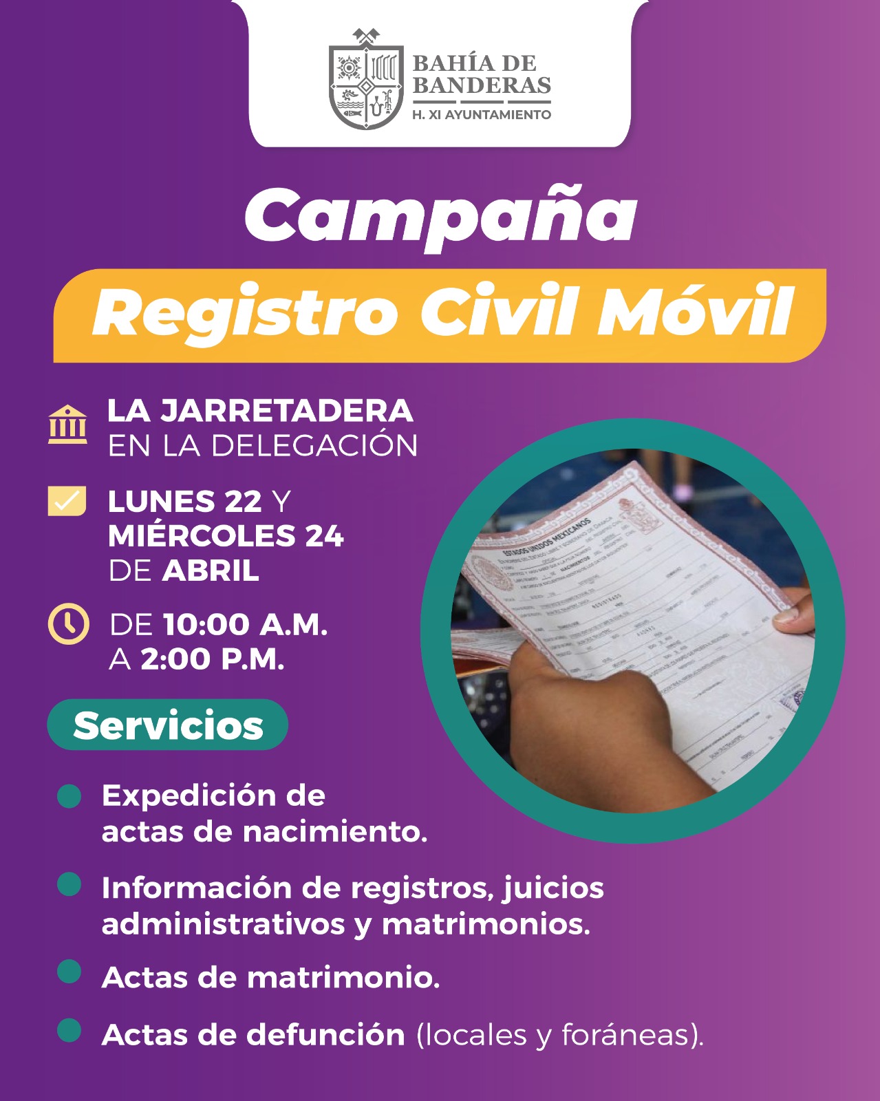 Registro Civil móvil regresa a diferentes poblaciones del municipio